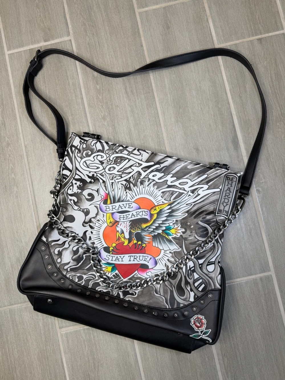 Ed Hardy Y2K Style Black Grey Crossbody Bag Tattoo Artwork